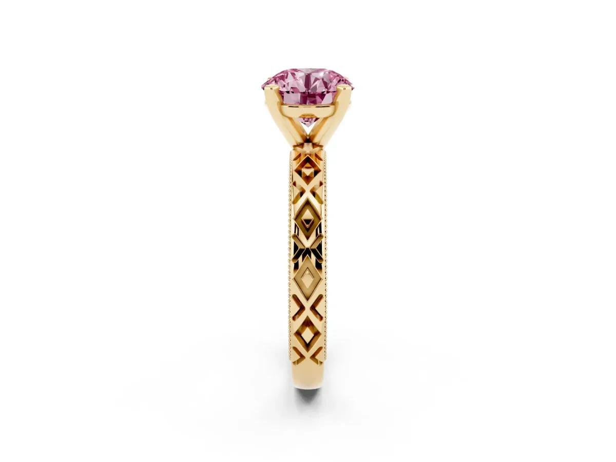 Fancy Pink Round Cut Solitaire Diamond Ring with Milgrain and Black Enamel X Pattern Band Yellow gold