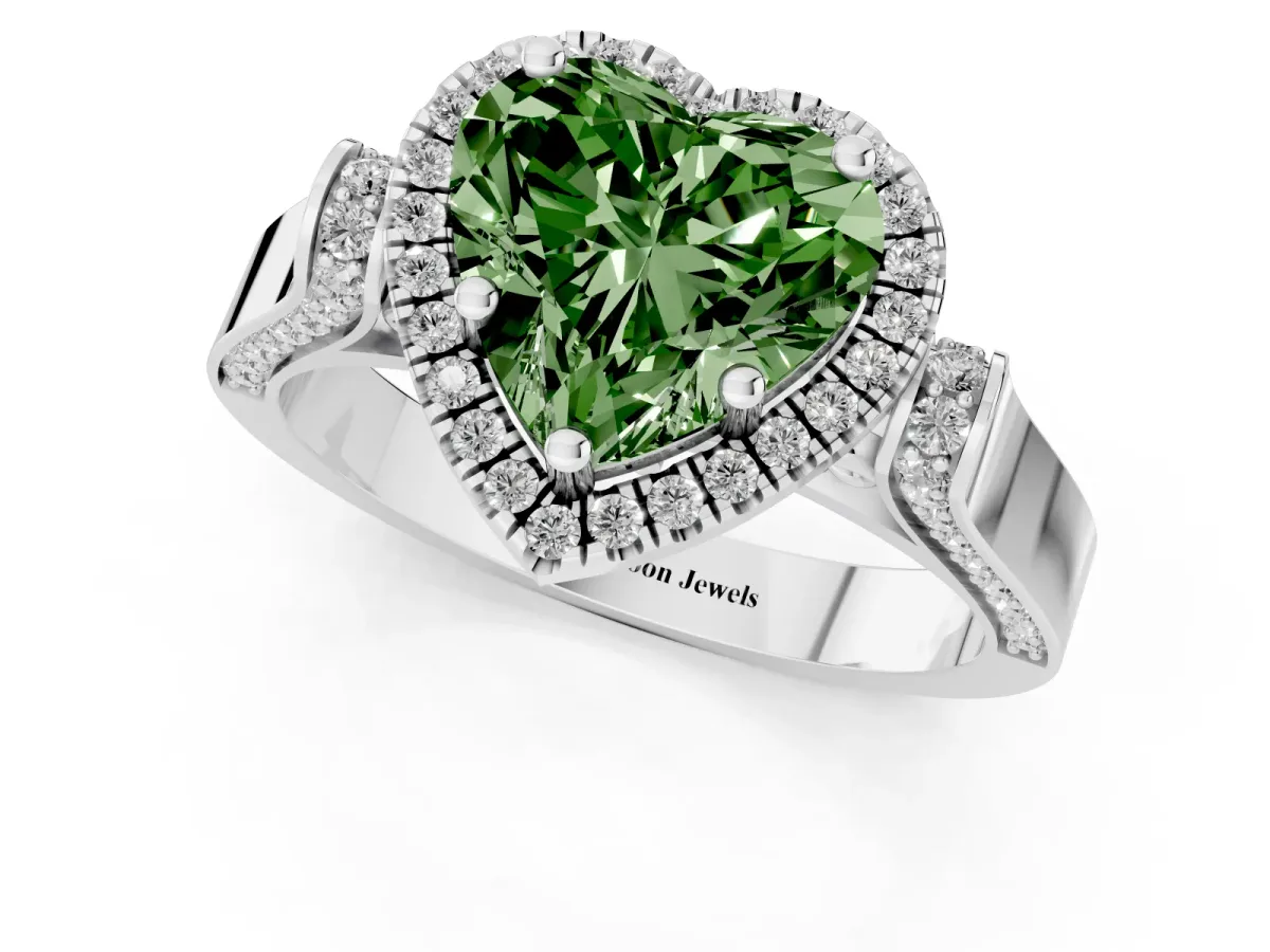 Fancy Green Heart Cut Halo Pave Split Shank Prong Setting Ring White gold