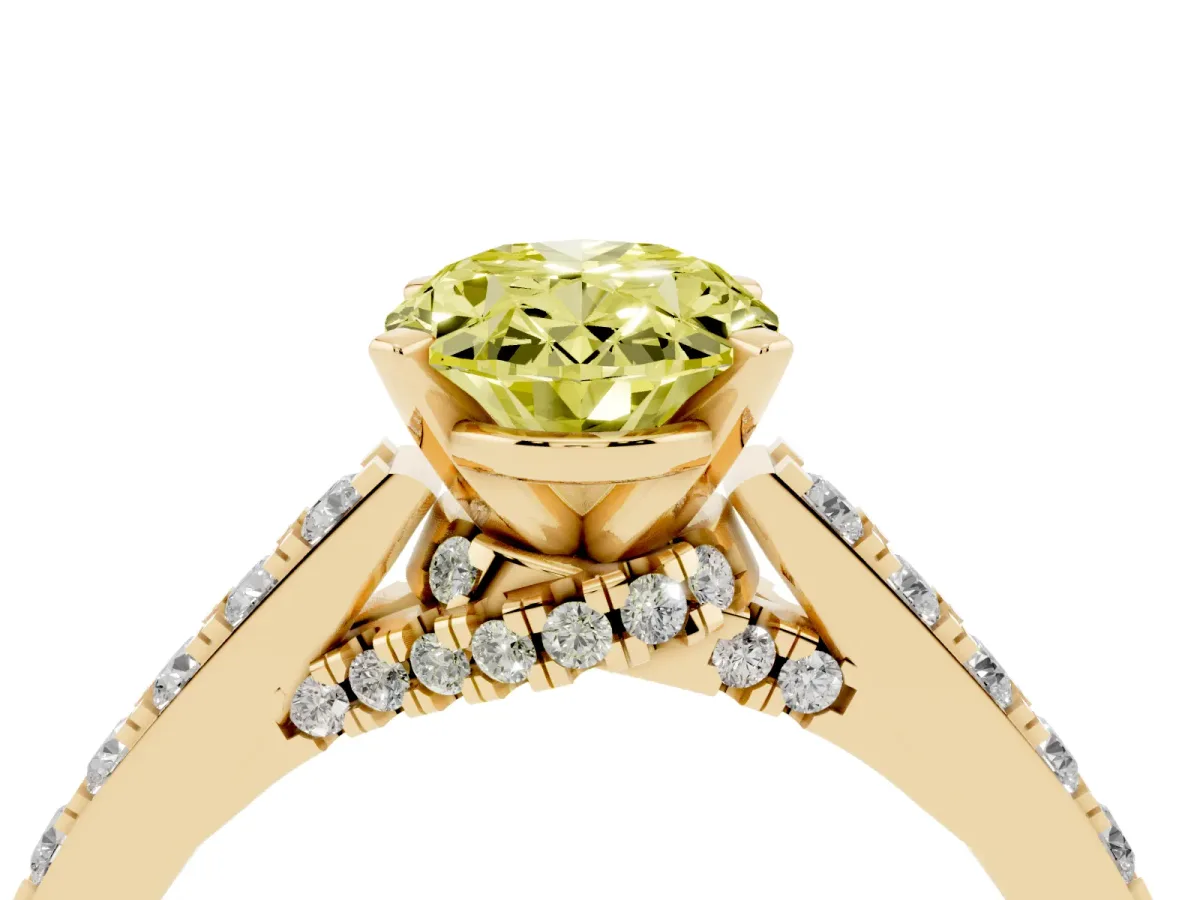 Fancy Yellow Oval Cut Diamond Solitaire Ring with Crossover Gallery and Round Pavé Band Yellow gold