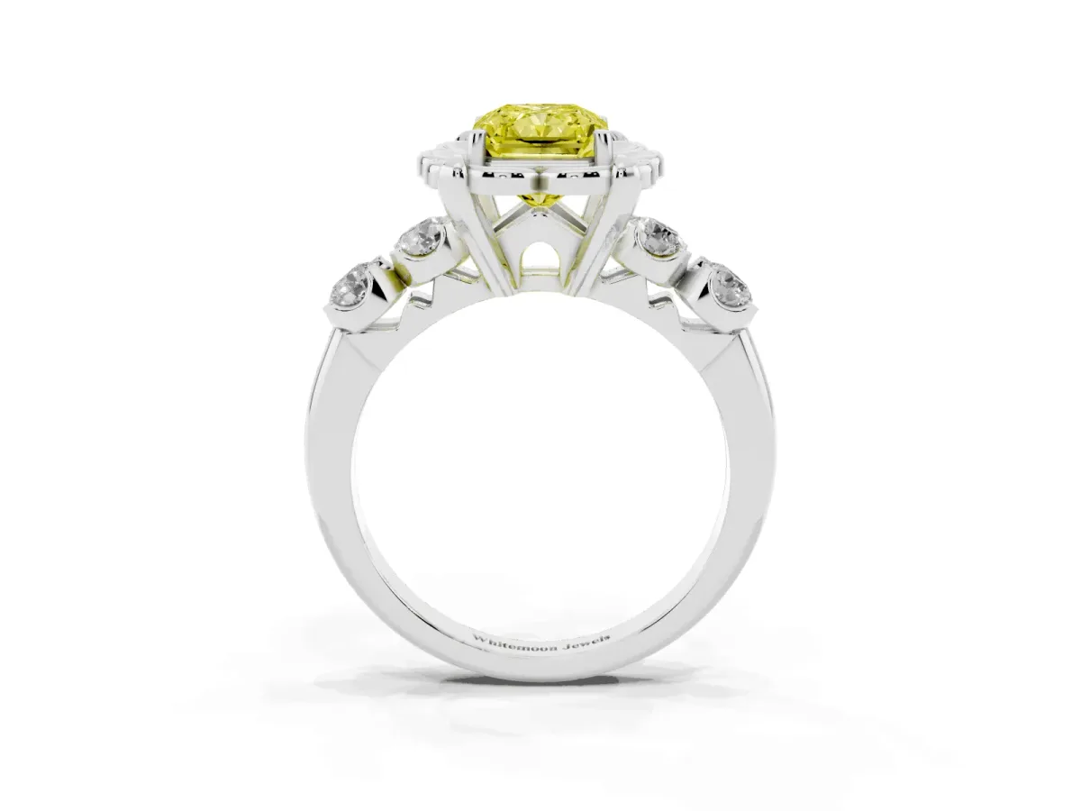 Fancy Yellow Radiant Cut Cut Diamond Floral Halo Engagement Ring with Shared Prong Setting White gold