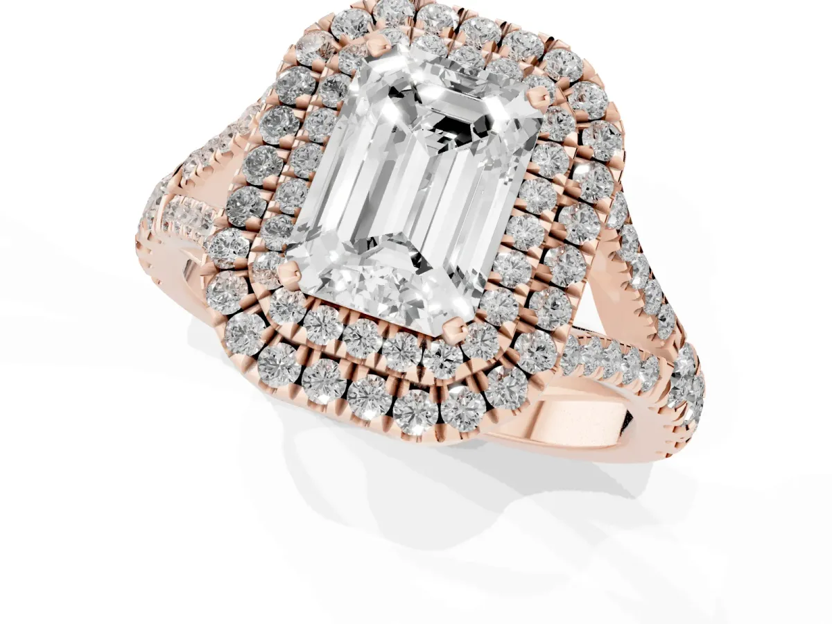 Emerald Cut Diamond Pavé Split Shank Double Halo Engagement Ring Rose gold