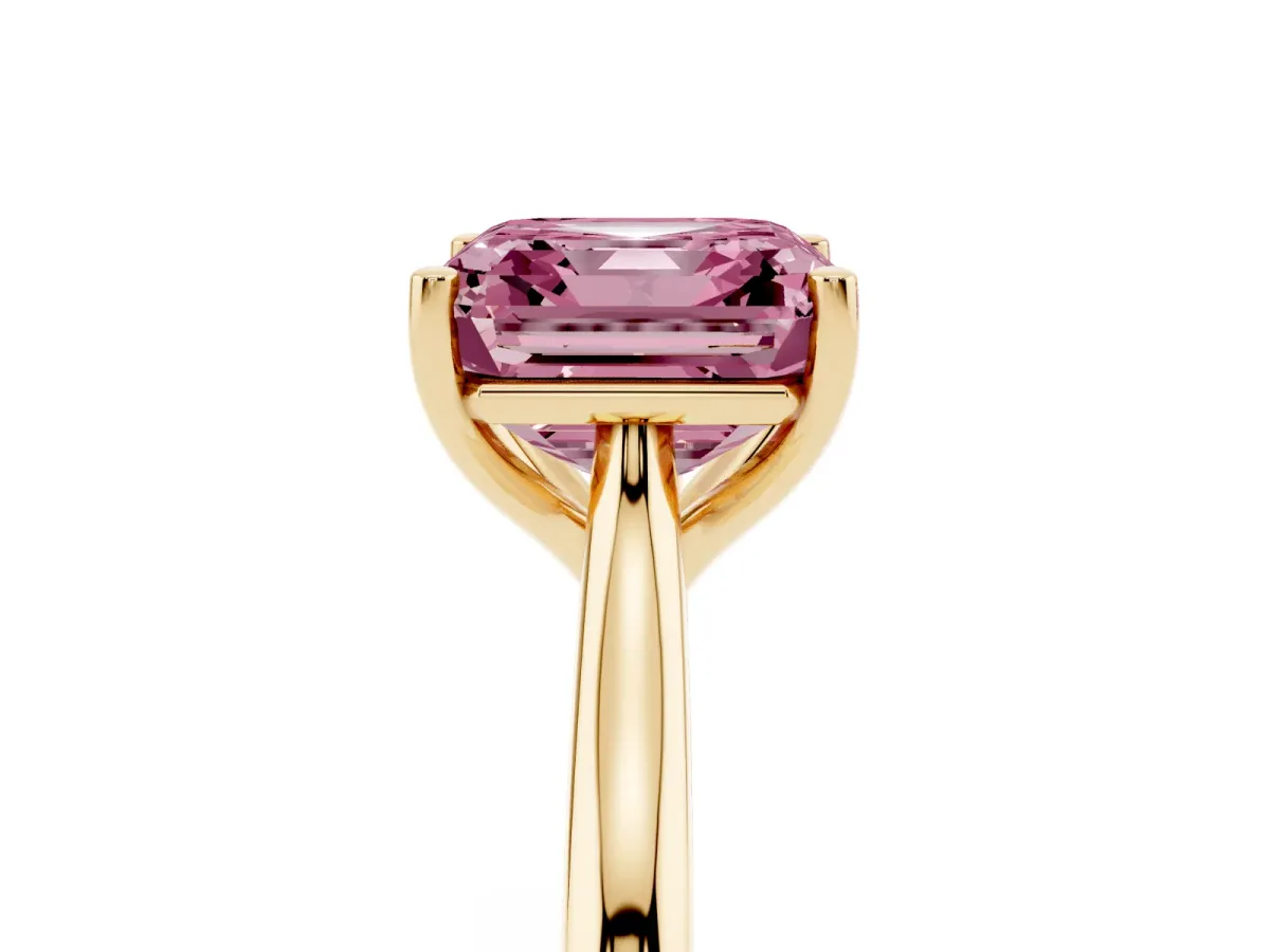 Fancy Pink Asscher Cut Cut Solitaire Ring with Cathedral Band and Four-Prong Setting Yellow gold