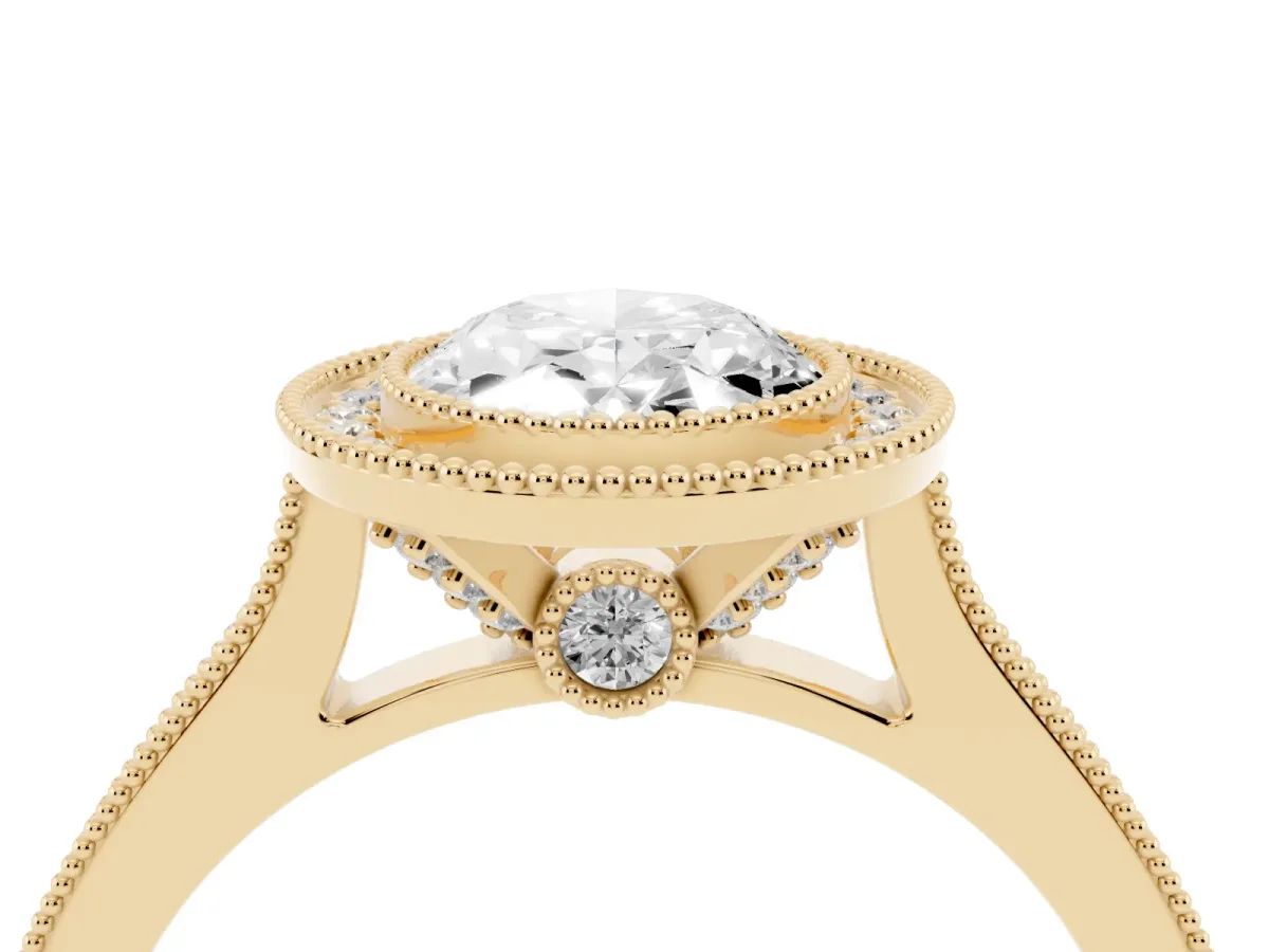 Halo Oval Cut-Cut Diamond Pave Band Milgrain Prong Setting Ring Yellow gold