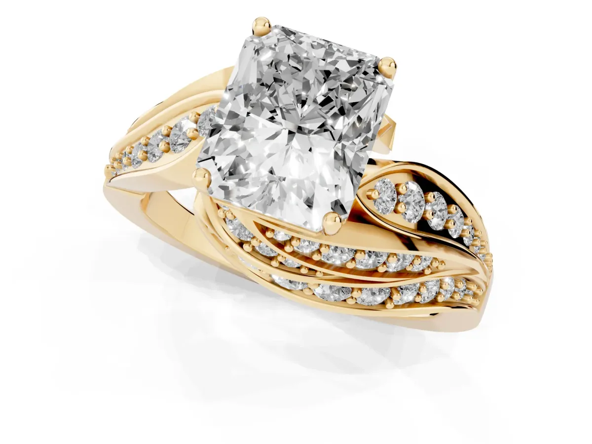 Radiant Cut Diamond Solitaire Ring with Prong Setting and Twisted Pavé Band Yellow gold