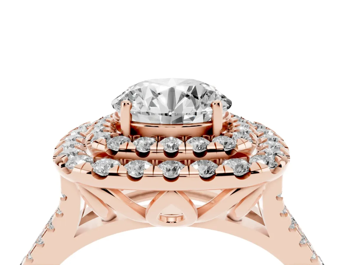 Double Halo Round Cut Diamond Pavé Split Shank Ring with Prong Setting Rose gold