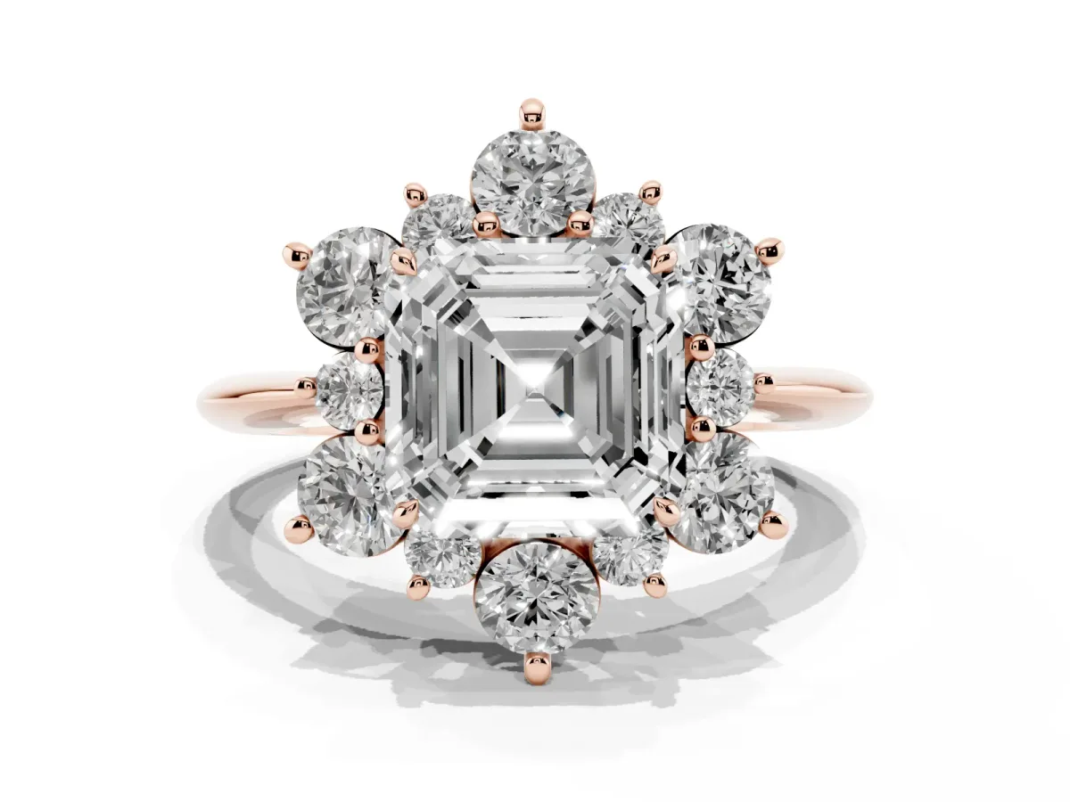 Asscher Cut Diamond Cluster Halo Ring with Solitaire Band and Four-Prong Setting Rose gold