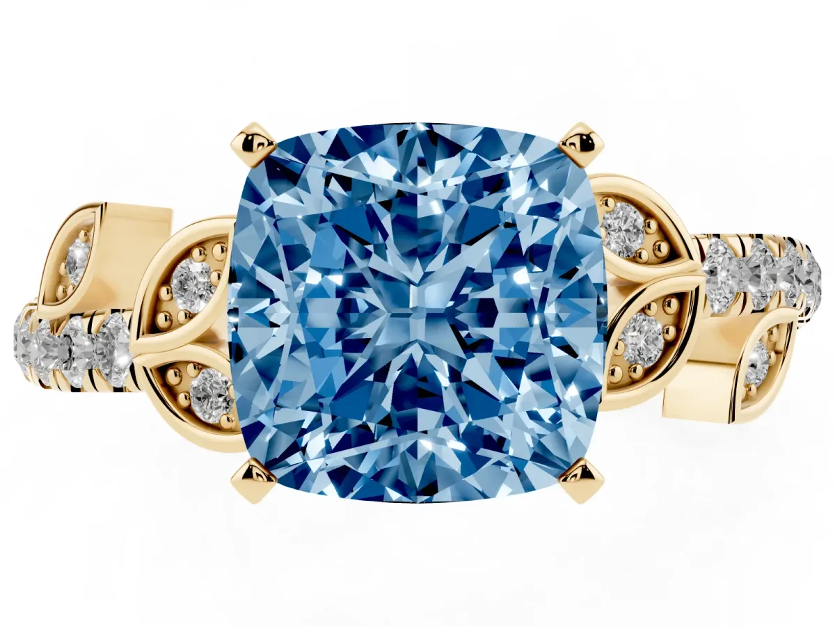 Fancy Blue Cushion Cut Solitaire Leaf-Inspired Diamond Ring with Pavé Band and Four-Prong Setting Yellow gold