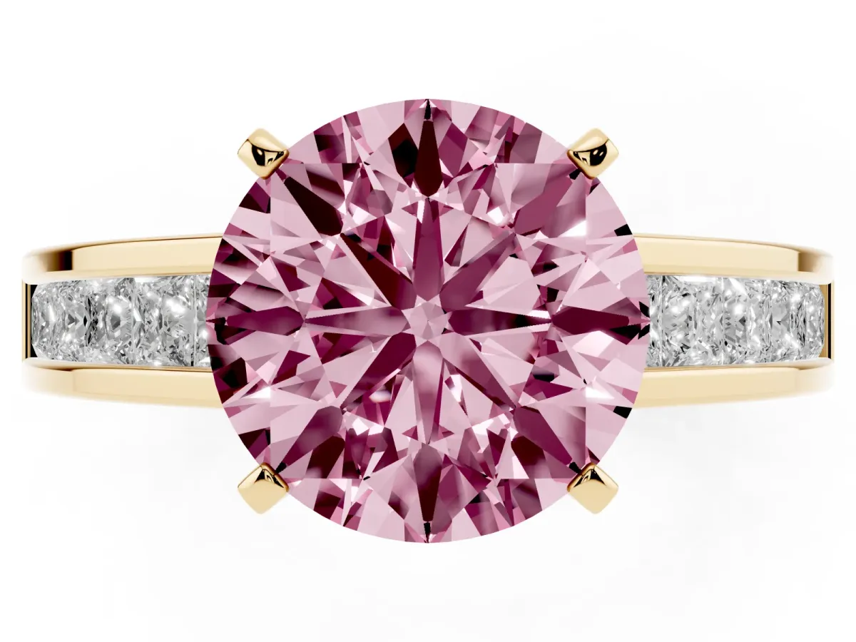 Fancy Pink Round Cut Solitaire Diamond Ring with Channel-Set Band and Four-Prong Setting Yellow gold
