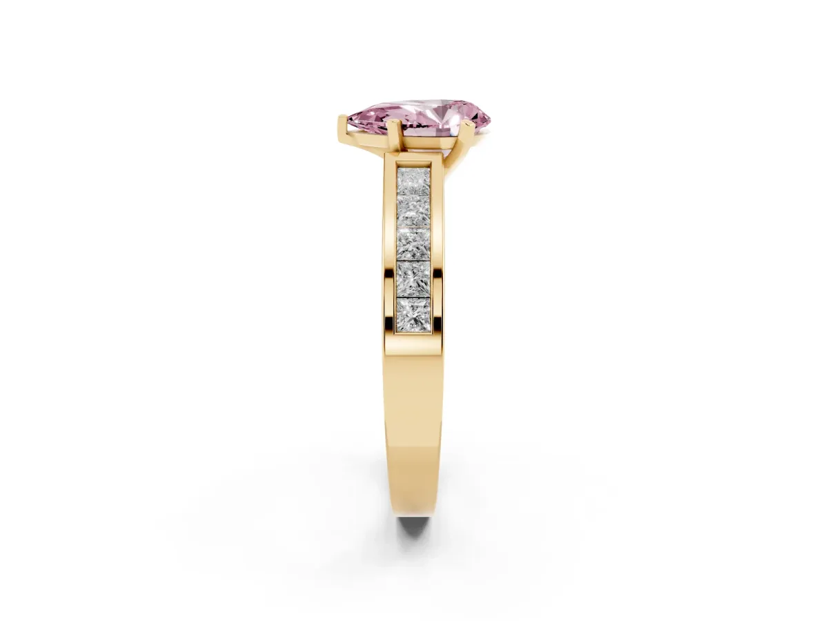 Fancy Pink Pear Cut Solitaire Diamond Ring with Channel-Set Band and Four-Prong Setting Yellow gold