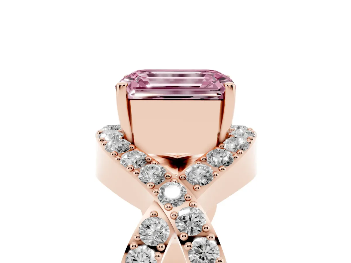Fancy Pink Emerald Cut Solitaire Twist Band Pavé Diamond Engagement Ring Rose gold