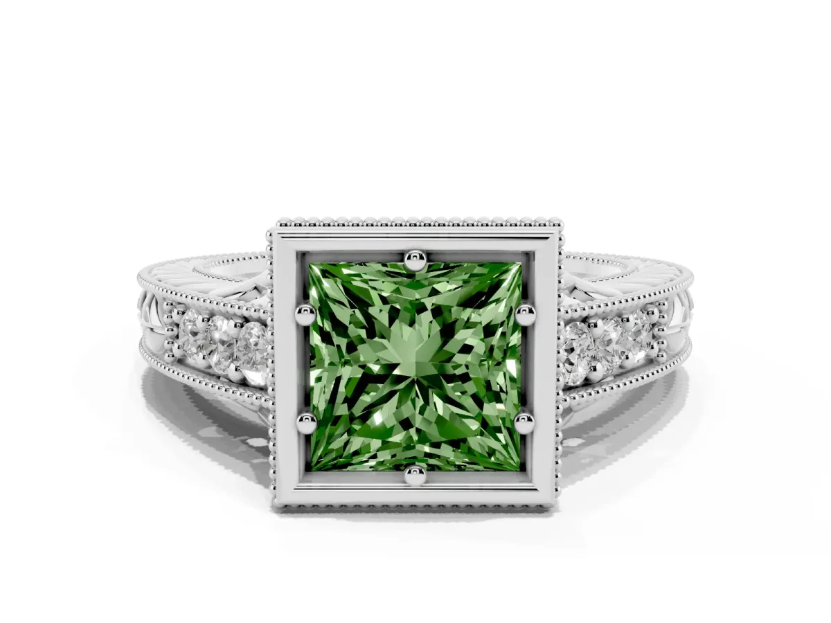 Fancy Green Bezel Set Princess Cut Diamond Milgrain Pave Engagement Ring Silver