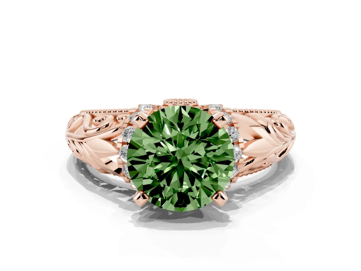Fancy Green Round Cut Solitaire Filigree Engagement Ring with Halo and Prong Setting Rose gold