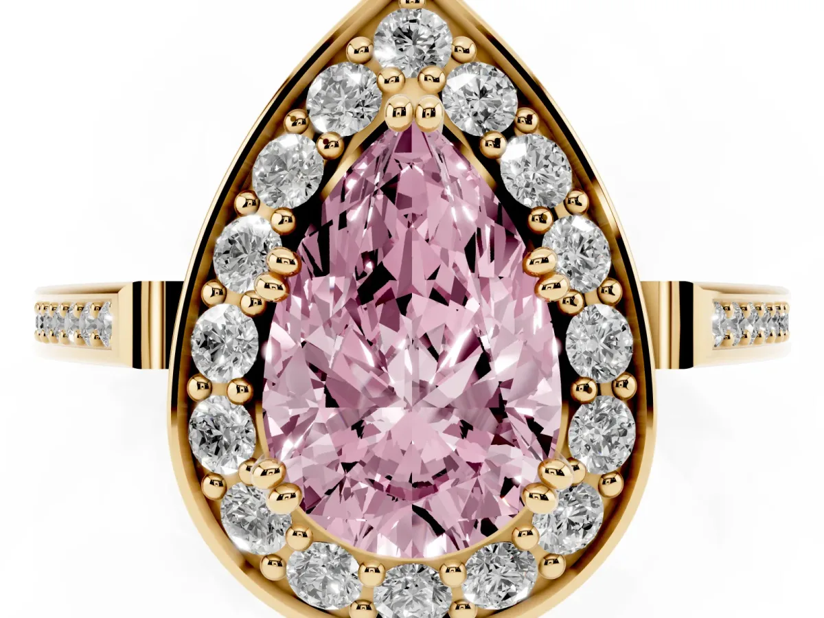 Fancy Pink Pear Cut Diamond Halo Ring with Split Shank and Four-Prong Setting Yellow gold