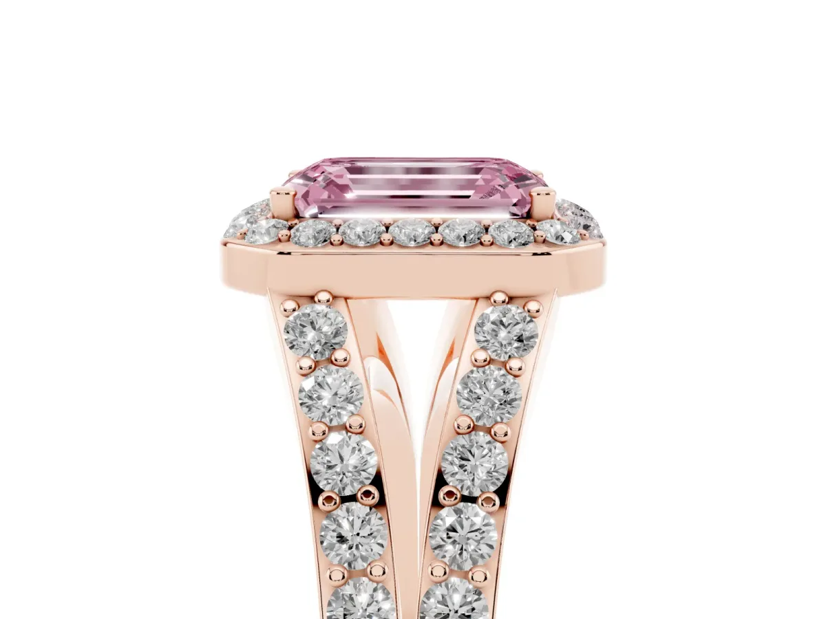 Fancy Pink Emerald Cut Diamond Split Shank Halo Ring with Four-Prong Setting Rose gold