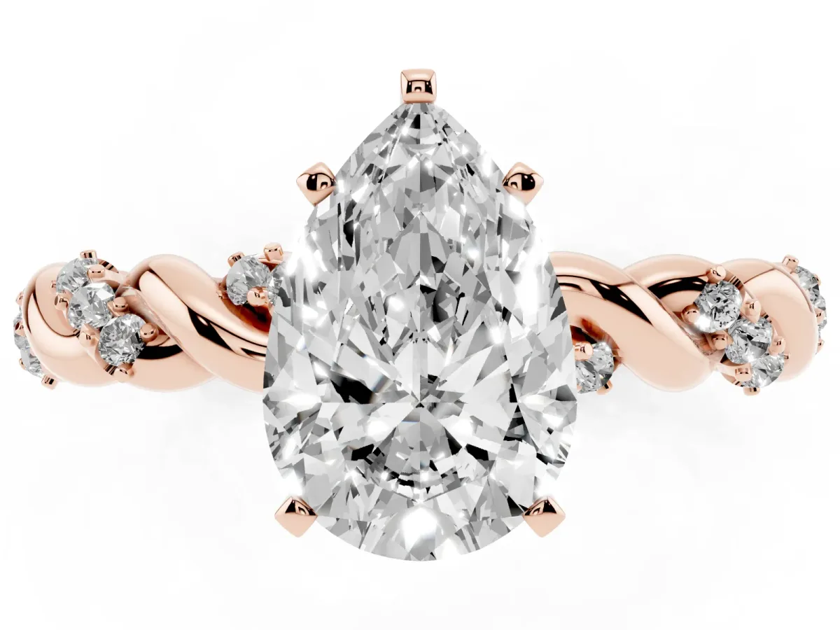 Pear Cut Diamond Solitaire Ring with Twisted Band and Pavé Accents Rose gold