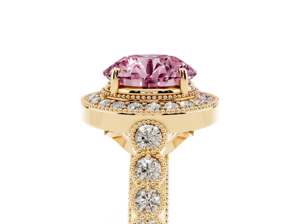Fancy Pink Round Cut Halo Milgrain Solitaire with Bezel Set Side Stones and Pave Band Yellow gold