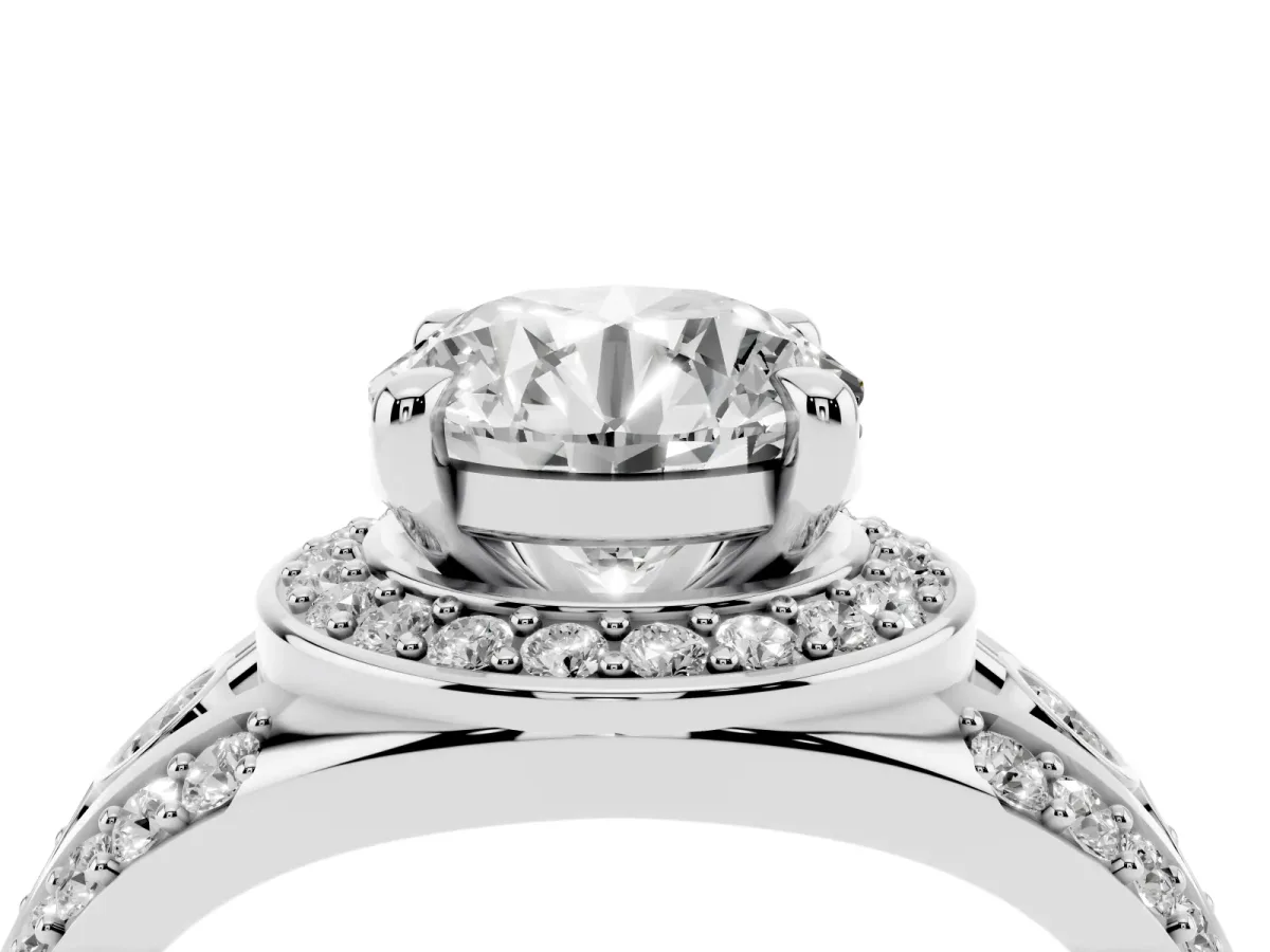 Round Cut Diamond Halo Ring with Split Shank and Bezel Accents and Four-Prong Setting Platinum