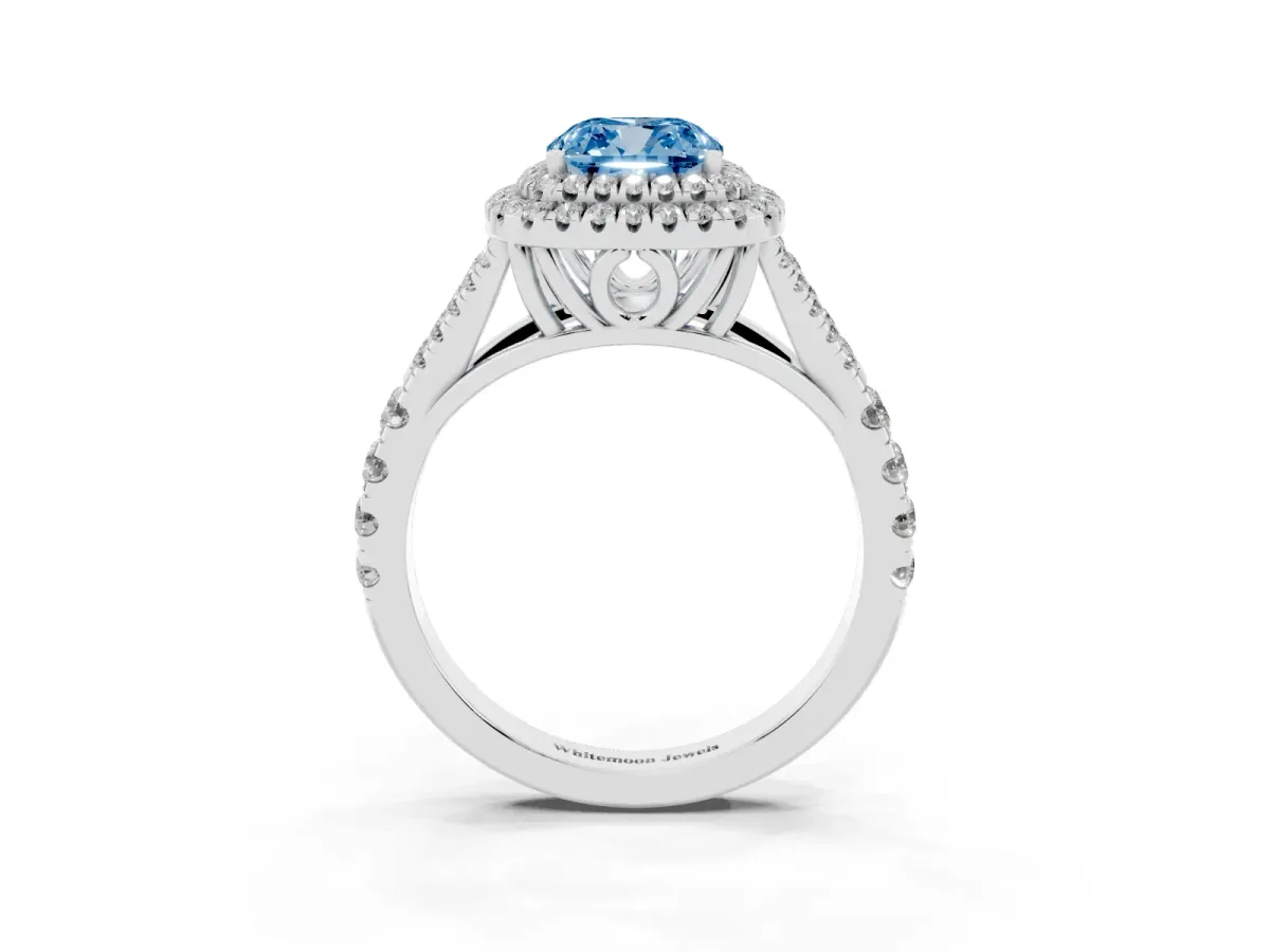 Fancy Blue Cushion Cut Diamond Pavé Split Shank Double Halo Engagement Ring Silver