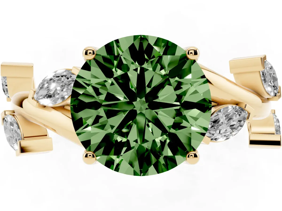 Fancy Green Round Cut Solitaire Twisted Band Marquise Accent Prong Setting Ring Yellow gold