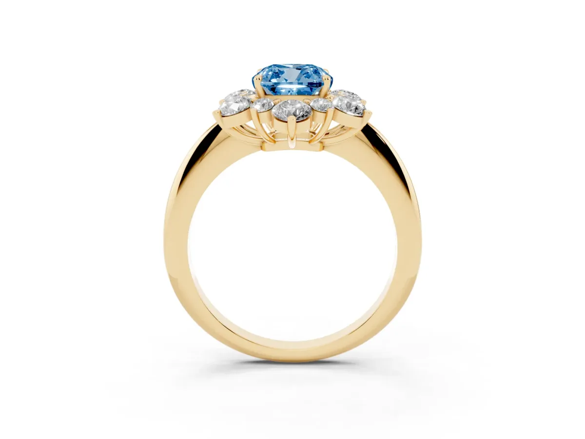 Fancy Blue Cushion Cut Diamond Cluster Halo Ring with Solitaire Band and Four-Prong Setting Yellow gold