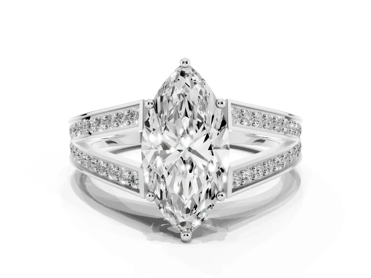 Marquise Cut Diamond Split Shank Ring with Pavé Band and Four-Prong Setting Silver