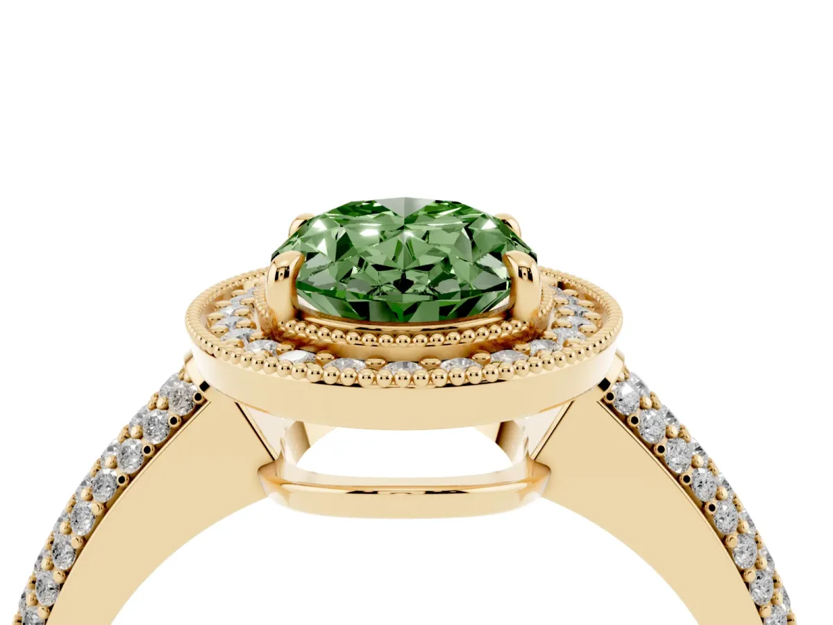 Fancy Green Oval Cut Cut Halo Diamond Pave Band with Four-Prong Setting Yellow gold