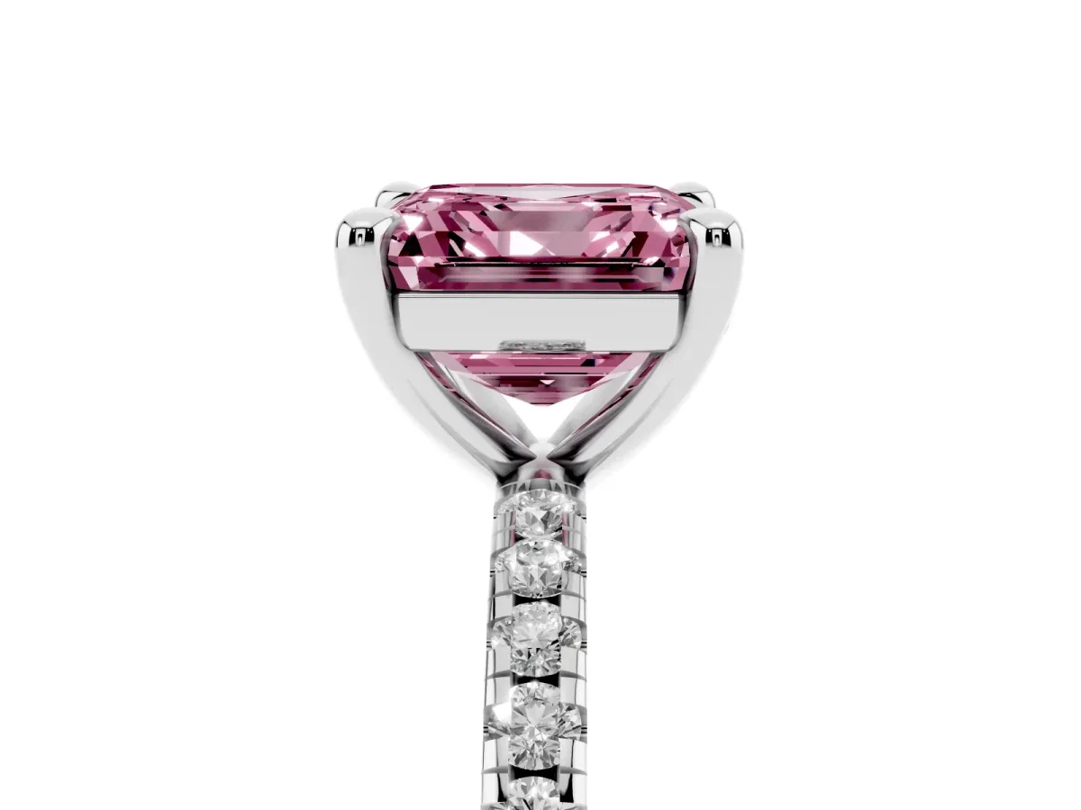 Fancy Pink Asscher Cut Diamond Brilliant Solitaire Ring with Pavé Band and Four-Prong Setting Silver