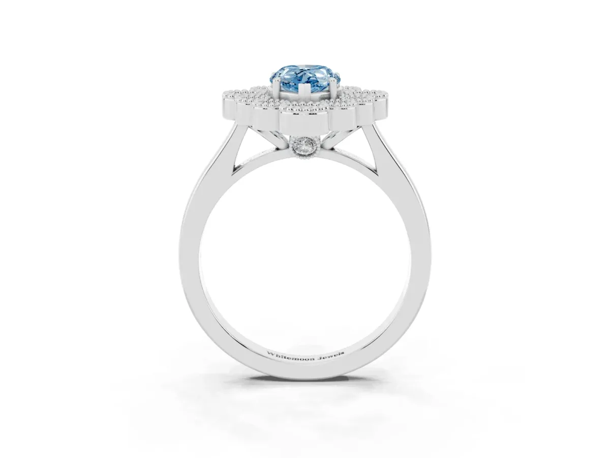 Fancy Blue Pear Cut Halo Diamond Cluster Engagement Ring with Milgrain Bezel Setting and Solitaire Band Platinum