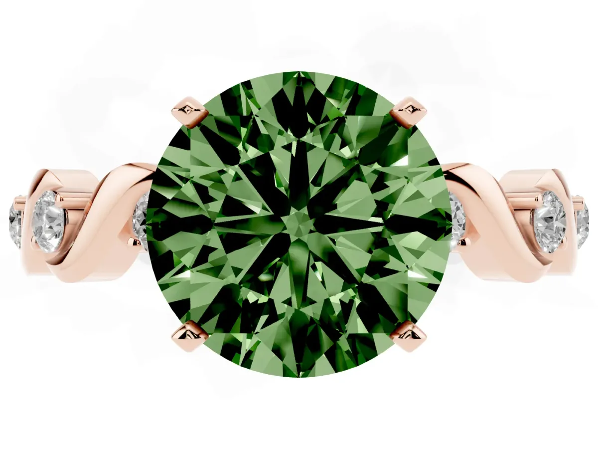Fancy Green Round Cut Diamond Solitaire Twisted Band with Round Accents and Prong Setting Rose gold