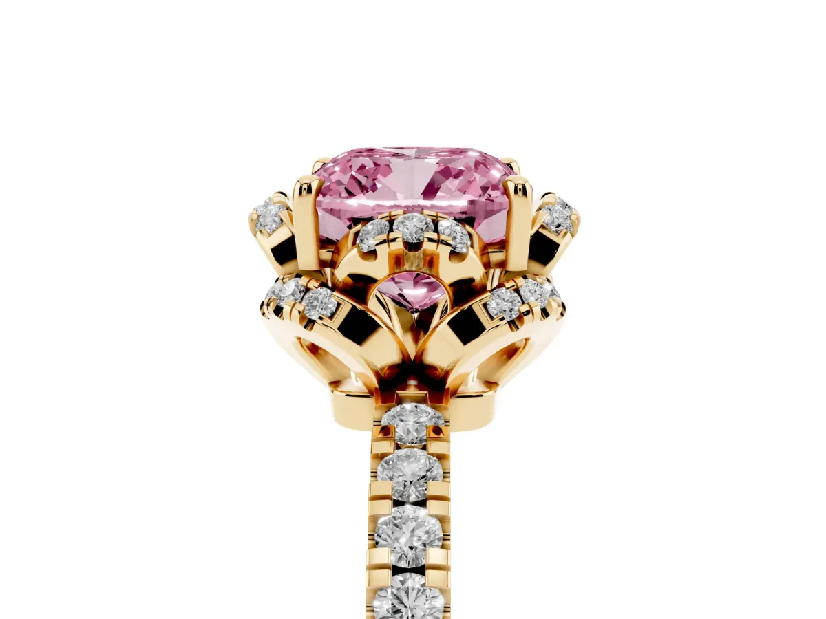 Fancy Pink Cushion Cut Diamond Halo Pave Band with Four-Prong Setting Yellow gold