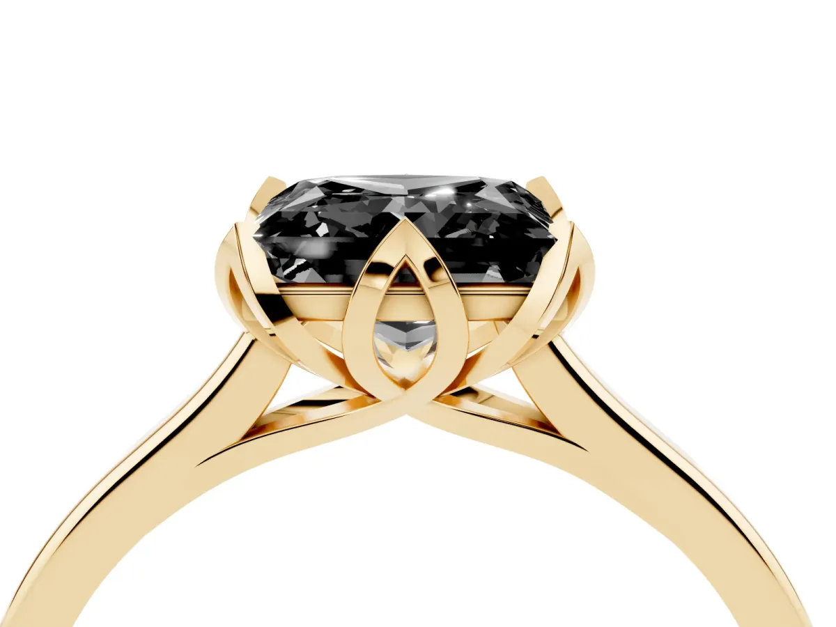 Fancy Black Princess Cut Diamond Solitaire Ring with Flower Prong Setting and Classic Band Yellow gold
