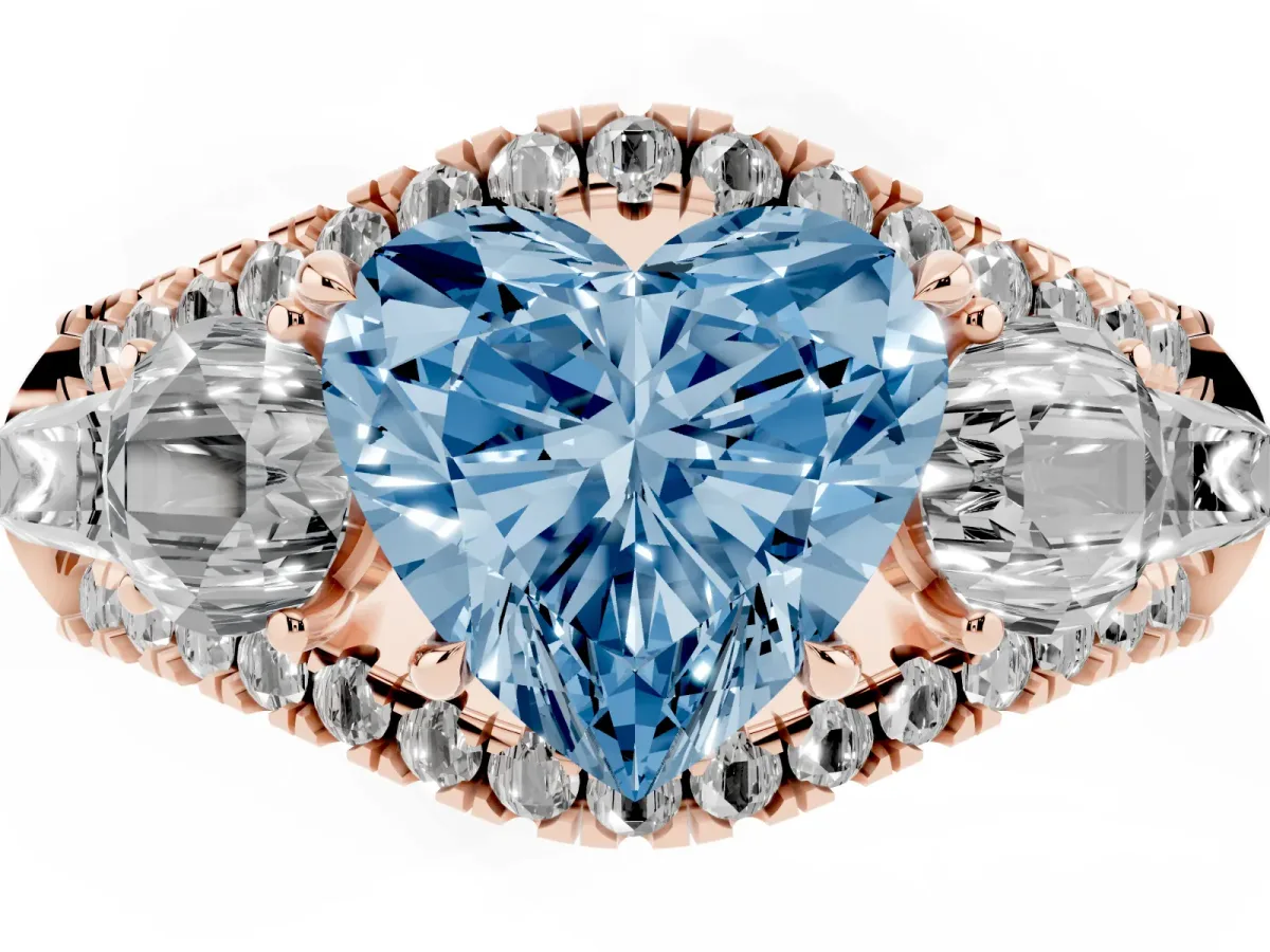 Fancy Blue Three-Stone Heart Cut Diamond Engagement Ring with Pave Band and Prong Setting Rose gold
