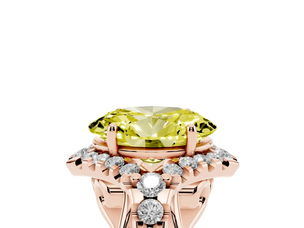 Fancy Yellow Oval Cut Diamond Solitaire Ring with Hidden Halo and Pavé Band Rose gold