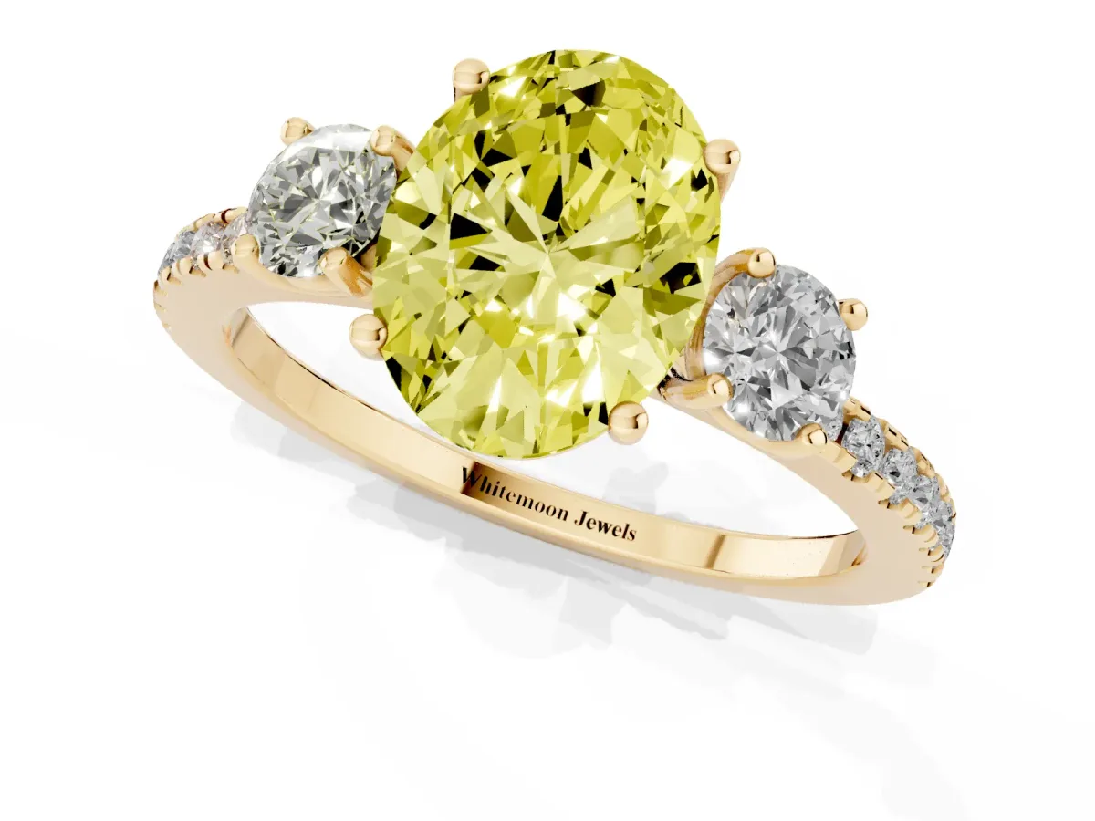 Fancy Yellow Three-Stone Oval Cut Cut Diamond Pavé Band with Prong Setting Yellow gold