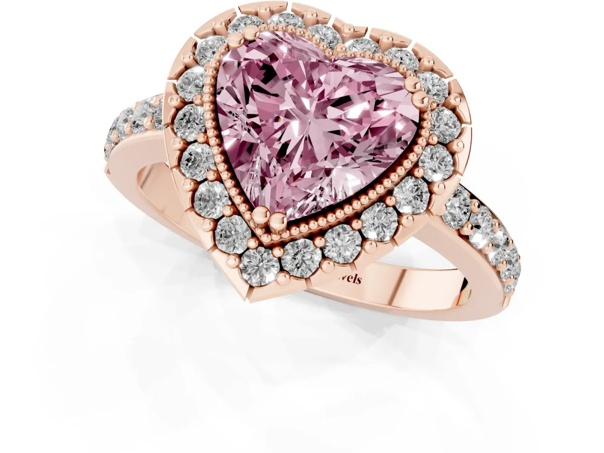 Fancy Pink Heart Cut Diamond Halo Ring with Pavé Band and Prong Setting Rose gold