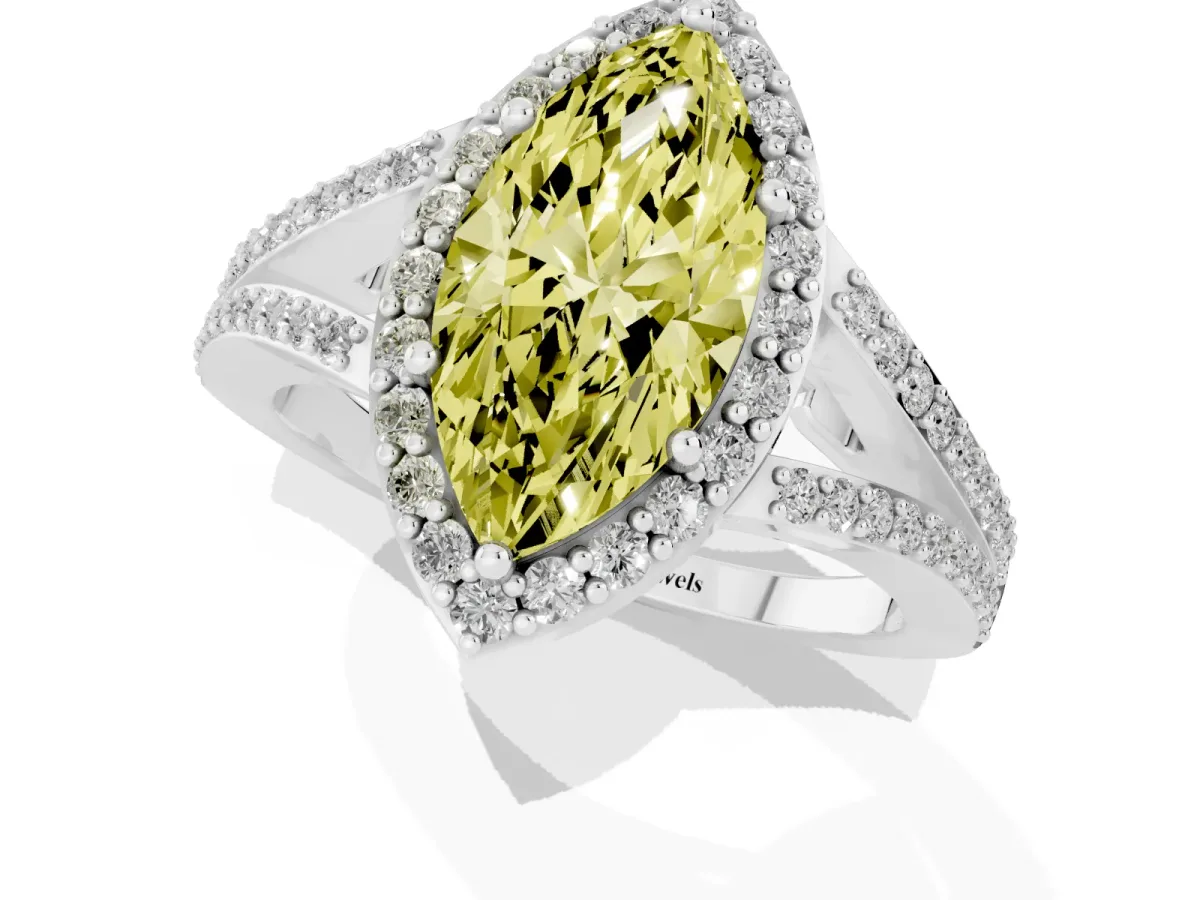 Fancy Yellow Marquise Cut Halo Split Shank Diamond Ring with Prong Setting Platinum