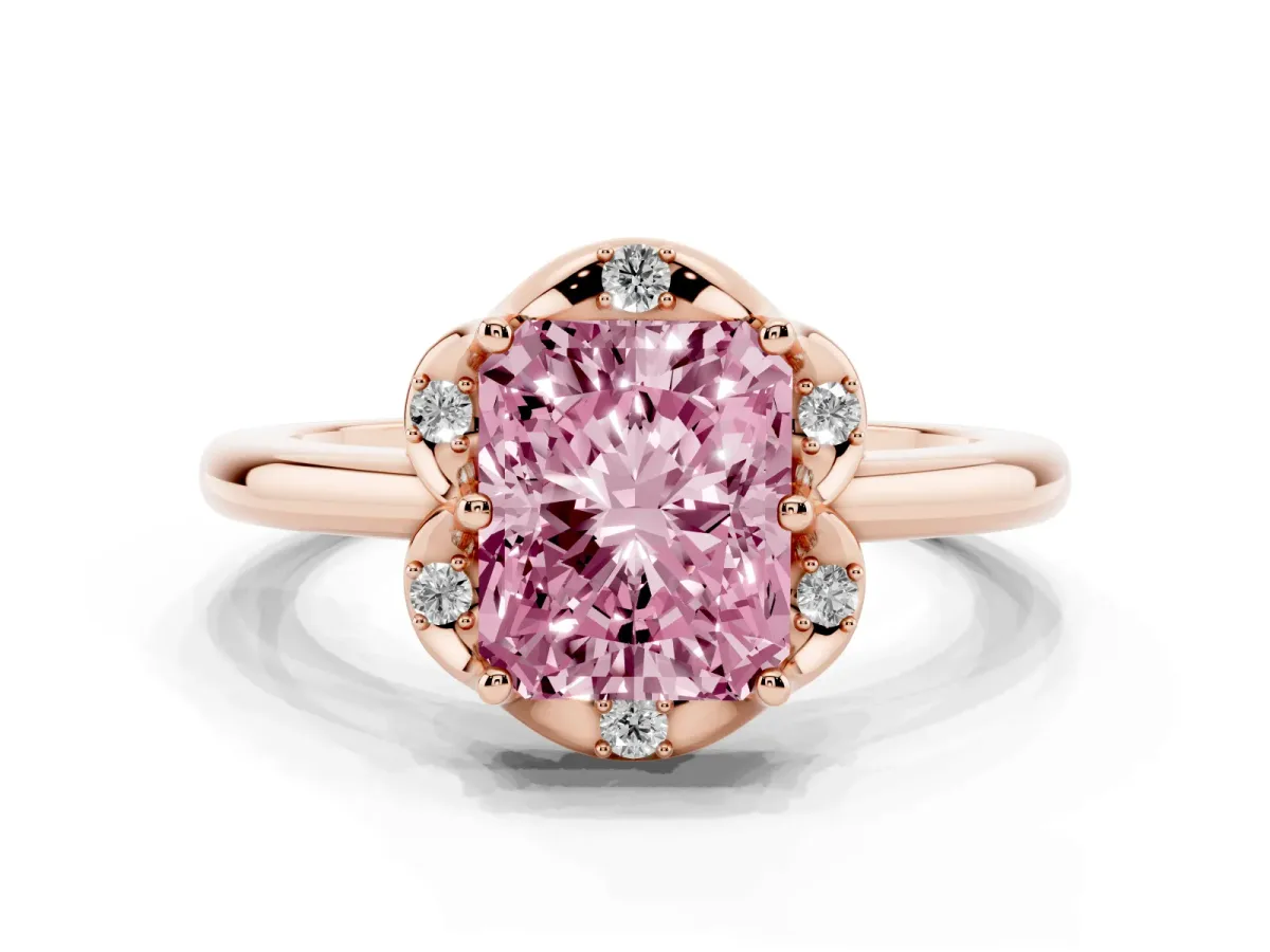 Fancy Pink Radiant Cut Halo Diamond Ring with Round Cluster Setting, Solitaire Band, and Four-Prong Setting Rose gold