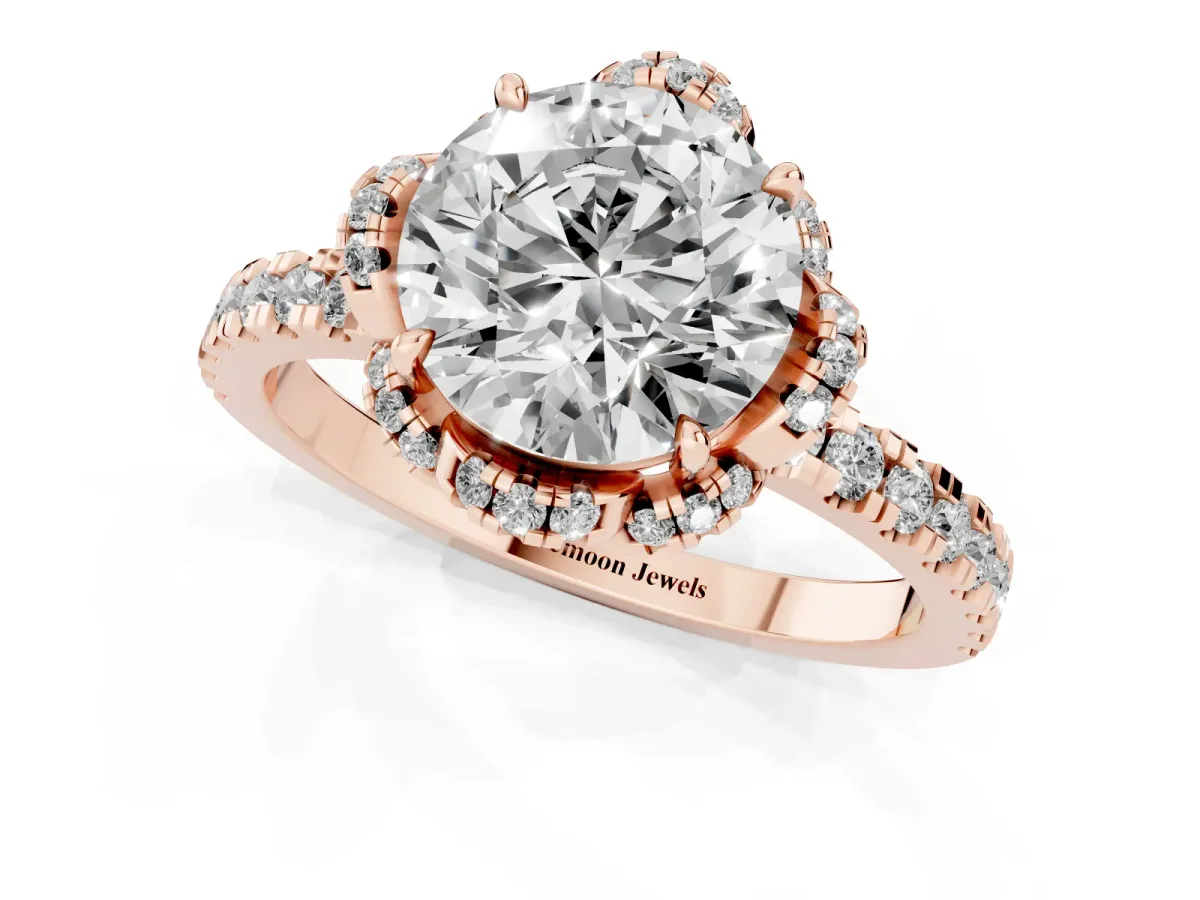 Round Cut Halo Diamond Pave Band Ring with Four-Prong Setting Rose gold