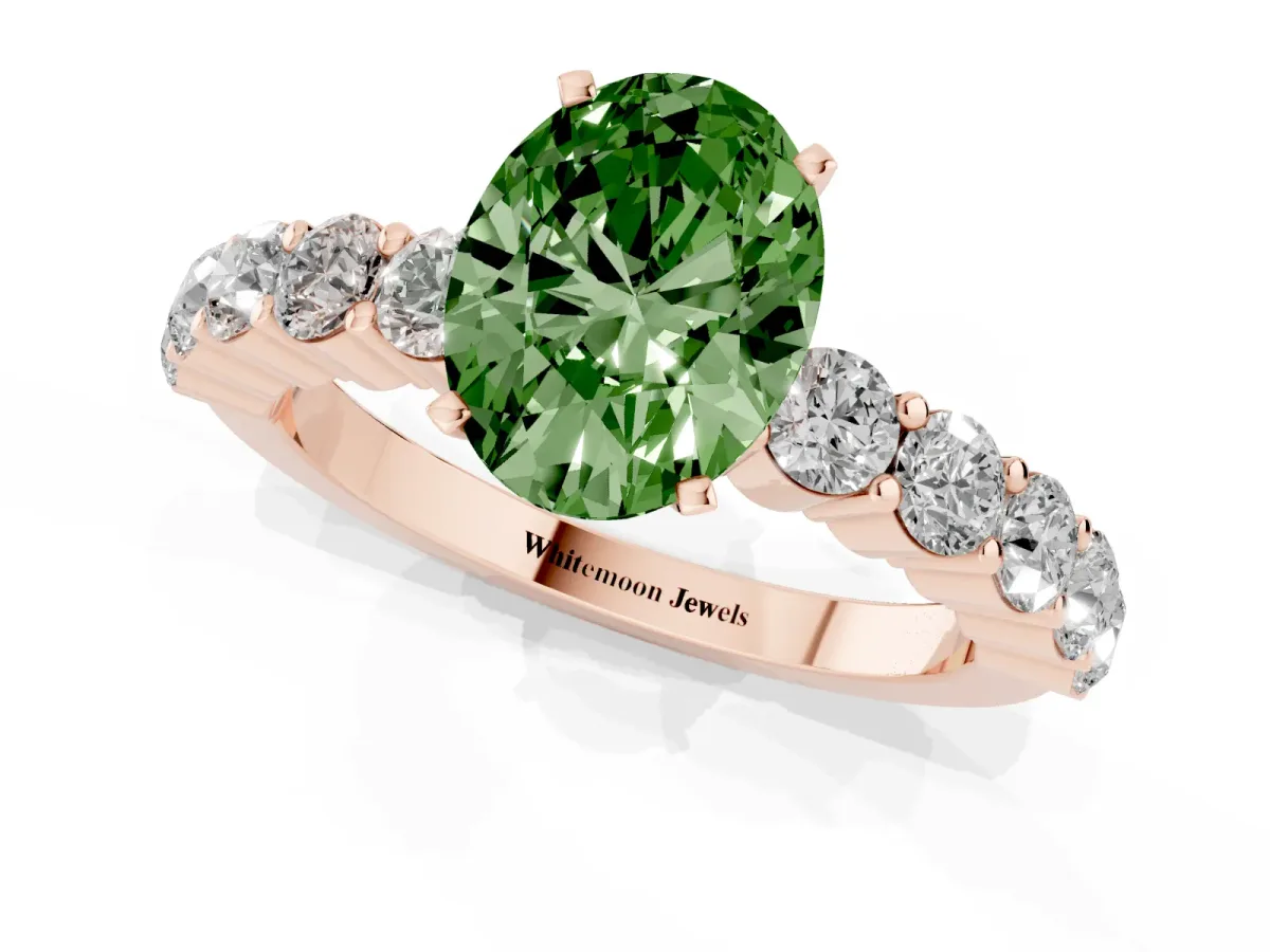 Fancy Green Oval Cut Diamond Solitaire Ring with Shared Prong Round Side Stones Rose gold