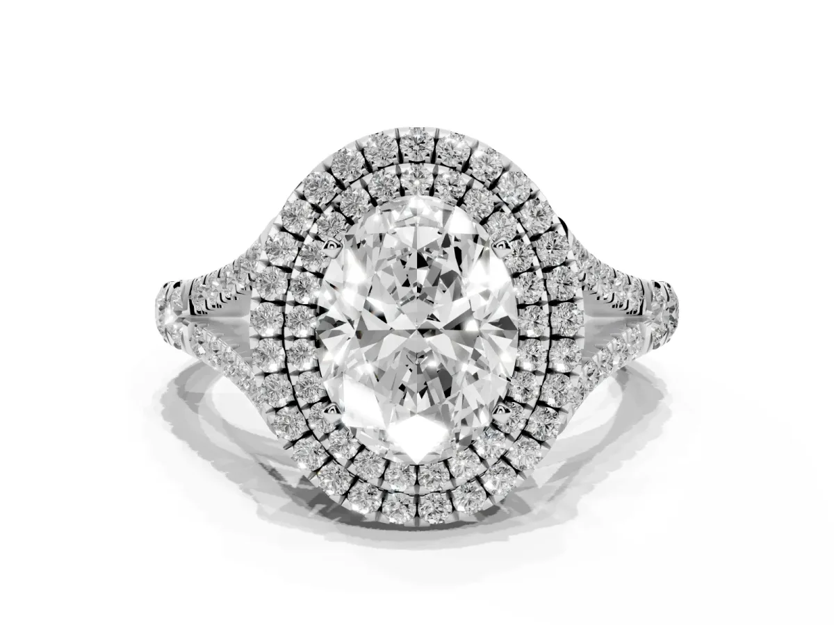 Oval Cut Diamond Pavé Split Shank Double Halo Engagement Ring Silver