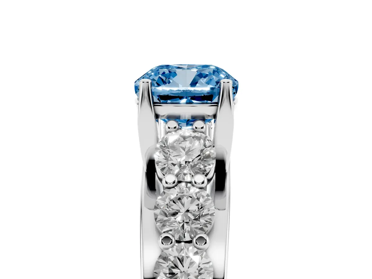 Fancy Blue Cushion Cut Diamond Engagement Ring with Pavé Band and Four-Prong Setting Silver