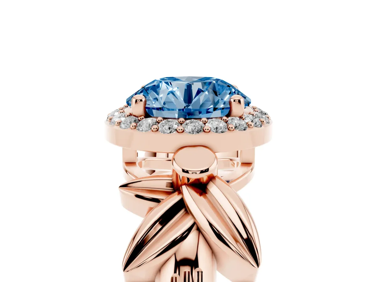 Fancy Blue Round Cut Halo Diamond Floral Band with Four-Prong Setting Rose gold