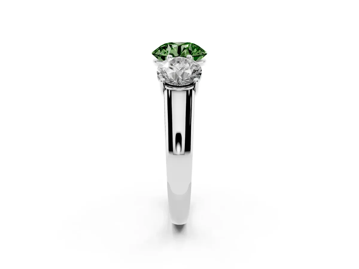 Fancy Green Round Cut Three-Stone Diamond Ring with Prong Setting on a Classic Band Silver
