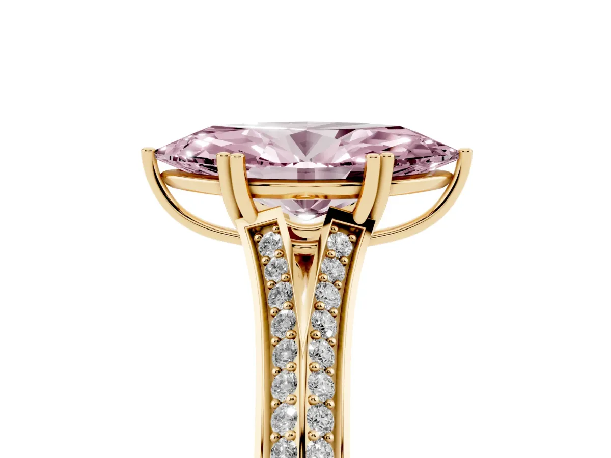 Fancy Pink Marquise Cut Diamond Split Shank Engagement Ring with Pavé Band Yellow gold