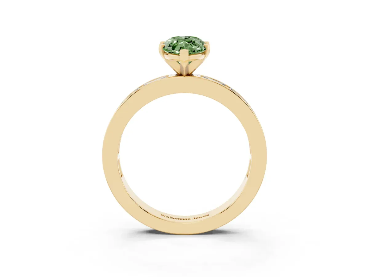 Fancy Green Marquise Cut Solitaire Diamond Ring with Channel-Set Baguette Band and Four-Prong Setting Yellow gold