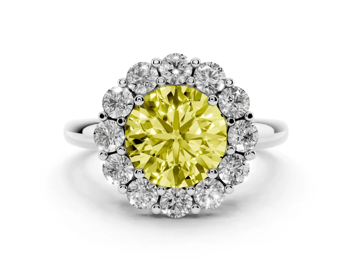 Fancy Yellow Round Cut Halo Cluster Diamond Engagement Ring with Prong Setting and Polished Band Silver