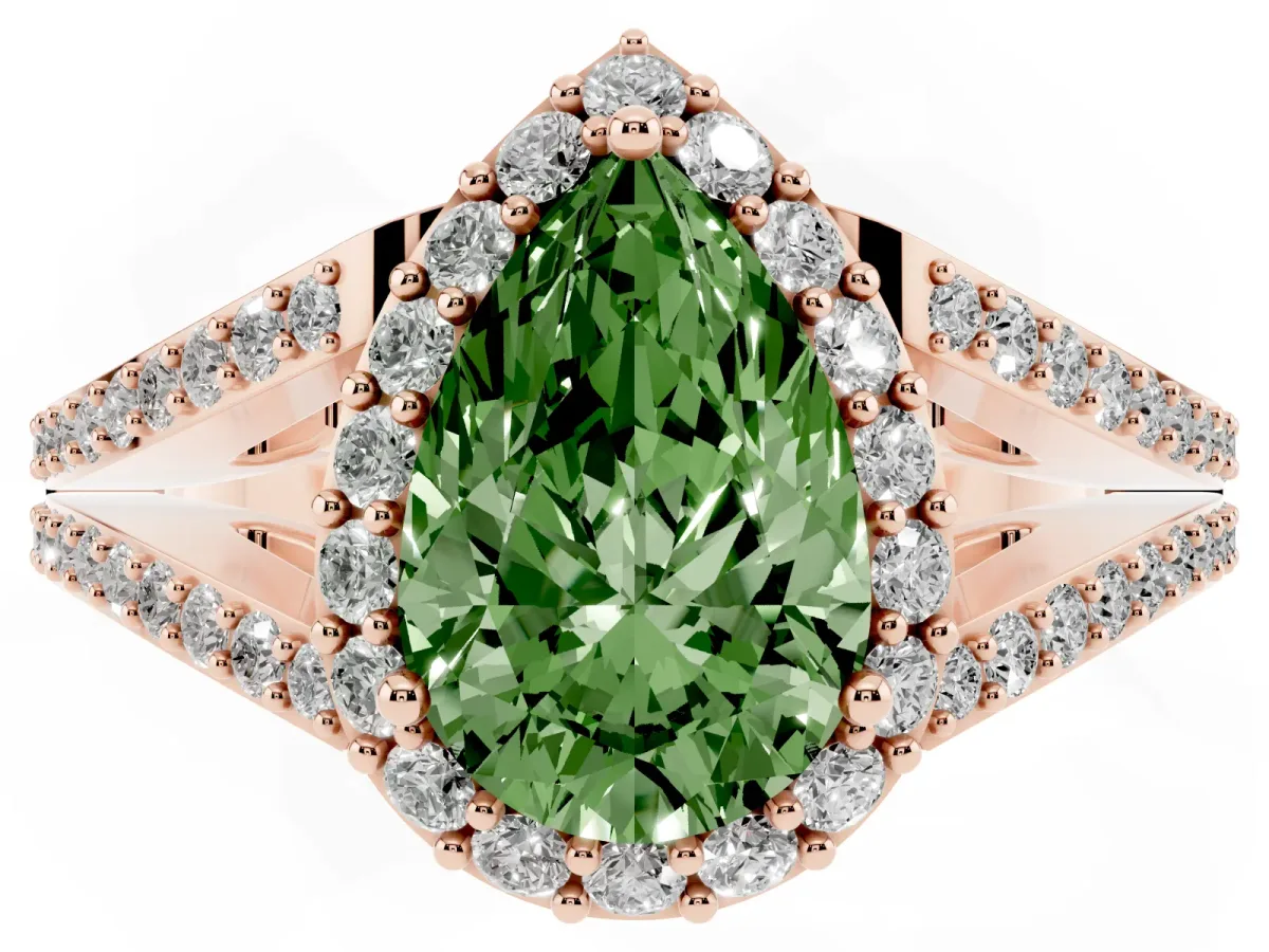 Fancy Green Pear Cut Halo Split Shank Pave Diamond Ring with Four-Prong Setting Rose gold
