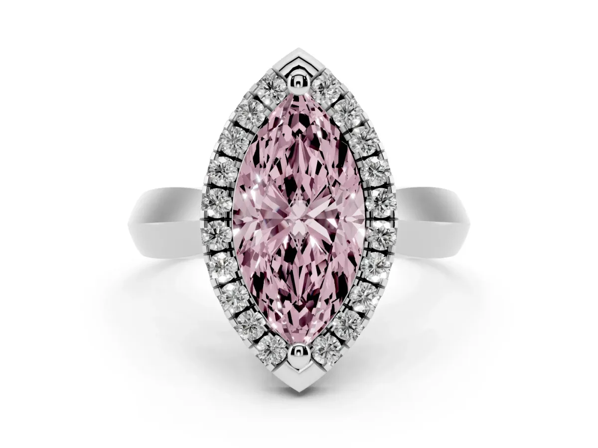 Fancy Pink Marquise Cut Cut Halo Solitaire Engagement Ring with Square Band and Four-Prong Setting Platinum