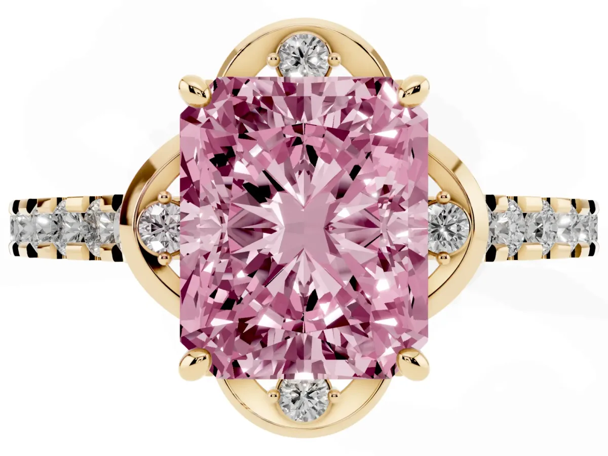 Fancy Pink Radiant Cut Diamond Ring with Pavé Band and Floral Prong Setting Yellow gold