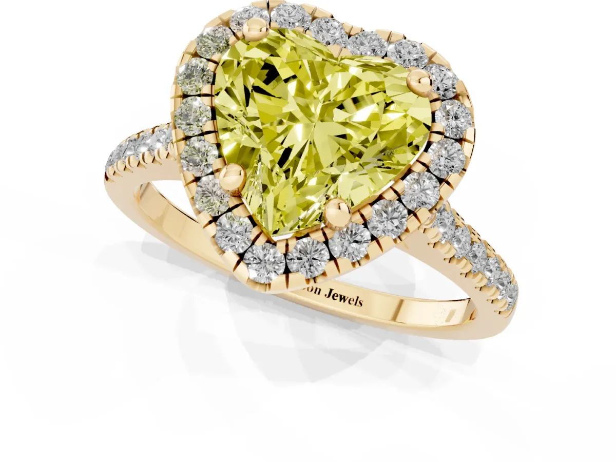 Fancy Yellow Heart Cut Diamond Cushion Halo Ring with Pavé Band Yellow gold
